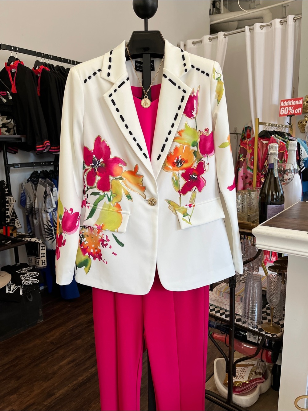 261655 Frank Lyman Design White Blazer with Pink & Orange Floral Accents